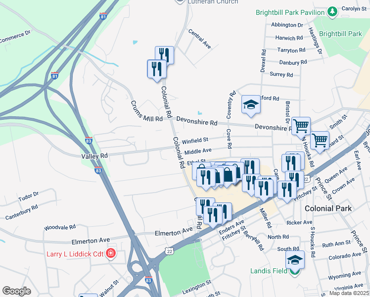 map of restaurants, bars, coffee shops, grocery stores, and more near 317 Colonial Road in Harrisburg