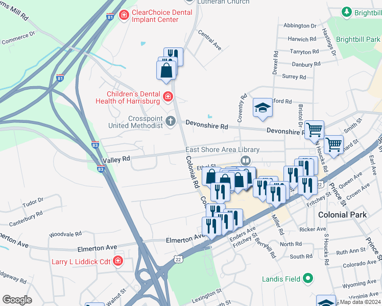 map of restaurants, bars, coffee shops, grocery stores, and more near 317 Colonial Road in Harrisburg