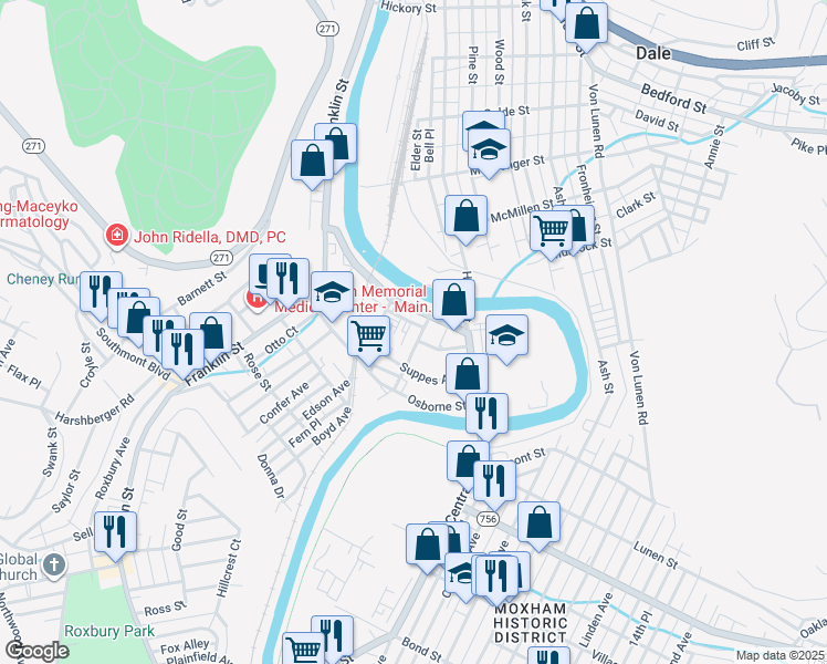 map of restaurants, bars, coffee shops, grocery stores, and more near 88-122 Valley Pike in Johnstown