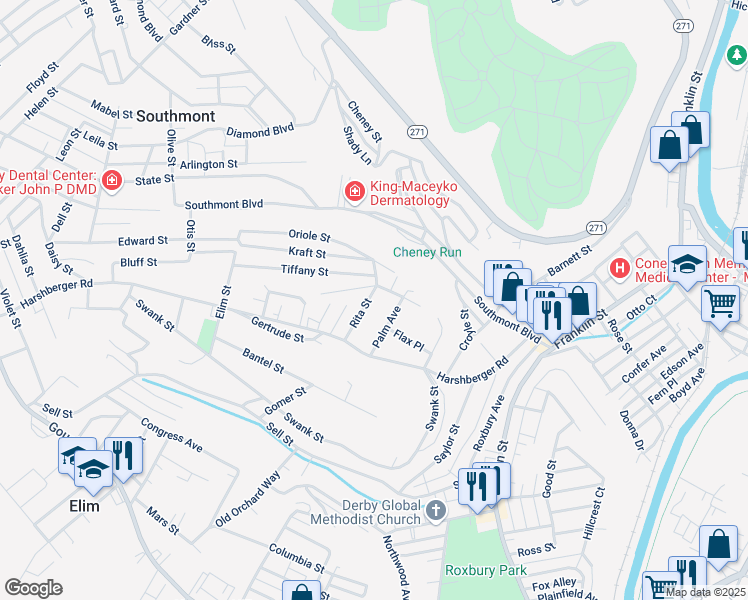 map of restaurants, bars, coffee shops, grocery stores, and more near 100-198 Rita St in Johnstown