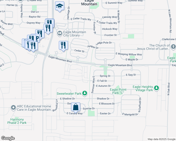 map of restaurants, bars, coffee shops, grocery stores, and more near 3948 North Cougar Lane in Eagle Mountain