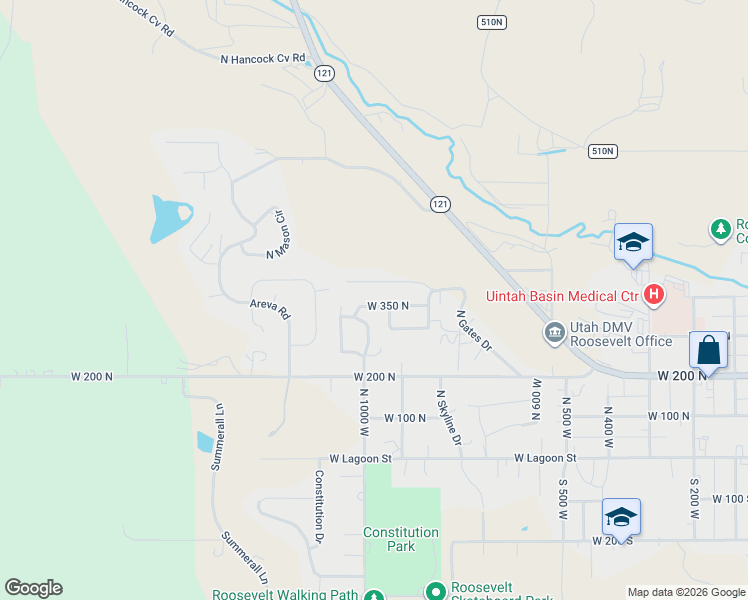 map of restaurants, bars, coffee shops, grocery stores, and more near 985 West 350 North in Roosevelt