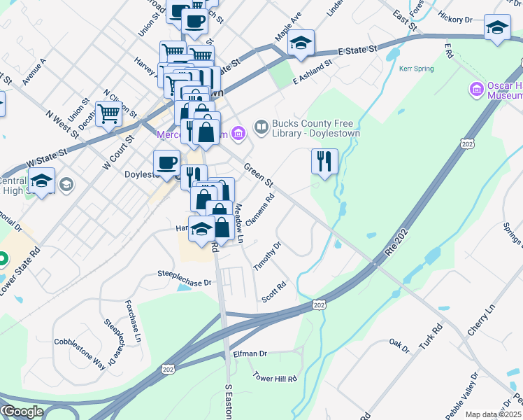 map of restaurants, bars, coffee shops, grocery stores, and more near 54 Clemens Road in Doylestown