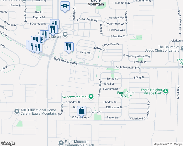 map of restaurants, bars, coffee shops, grocery stores, and more near 1844 North Cosmos Drive in Eagle Mountain