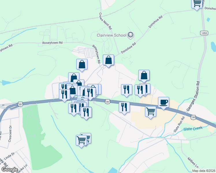 map of restaurants, bars, coffee shops, grocery stores, and more near 56 Sheraton Drive in Greensburg