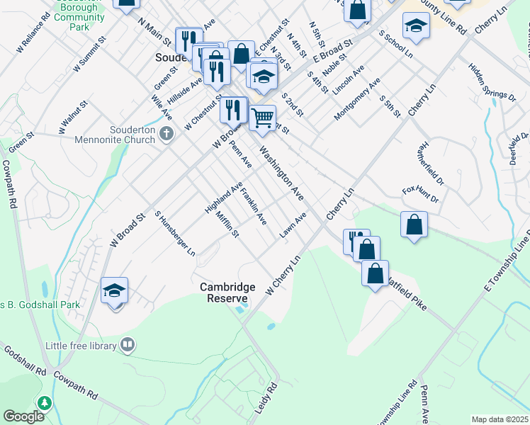 map of restaurants, bars, coffee shops, grocery stores, and more near 203 Franklin Avenue in Souderton