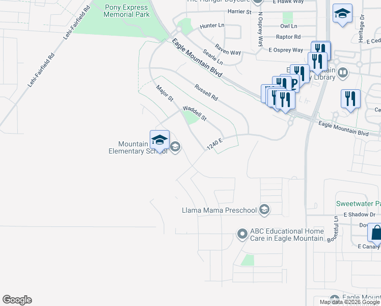 map of restaurants, bars, coffee shops, grocery stores, and more near 1092 Ira Hodges Scenic Parkway in Eagle Mountain