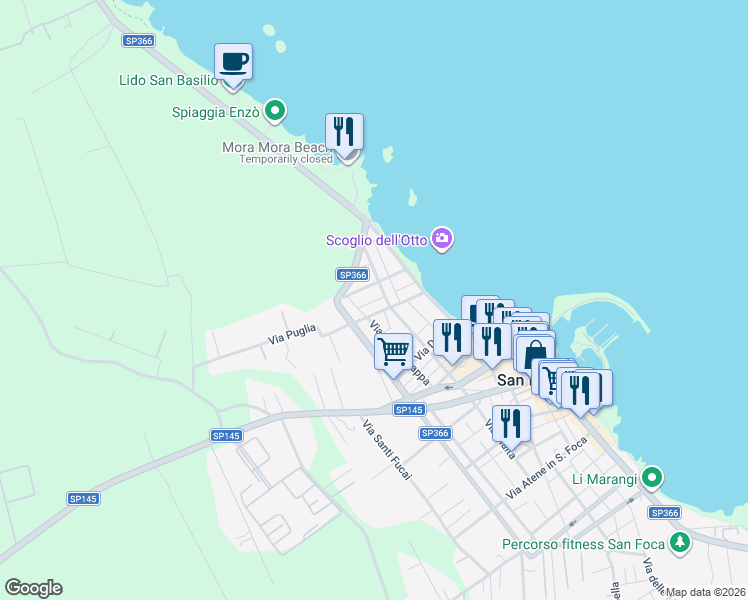 map of restaurants, bars, coffee shops, grocery stores, and more near 12 Via Giuseppe Verdi in San Foca