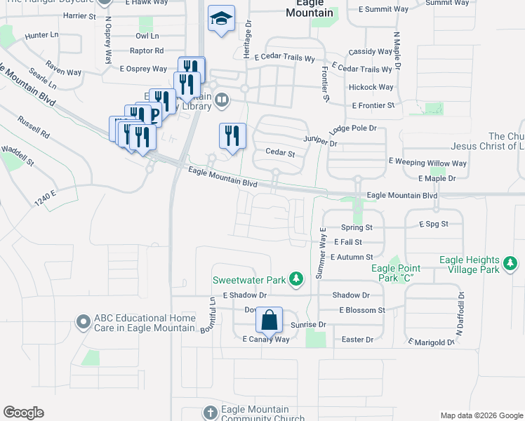 map of restaurants, bars, coffee shops, grocery stores, and more near 1771 East Skyline Drive in Eagle Mountain