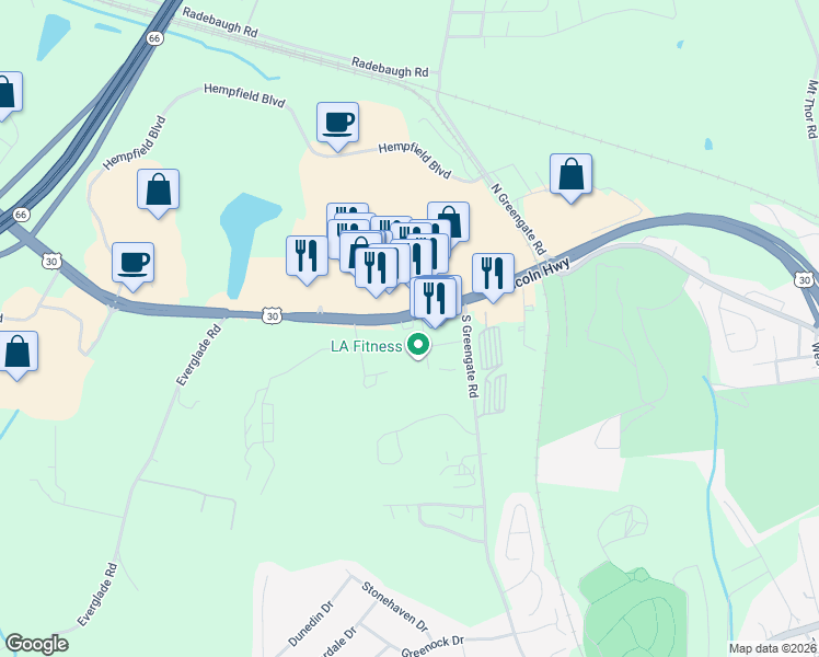 map of restaurants, bars, coffee shops, grocery stores, and more near 6078 U.S. 30 in Greensburg