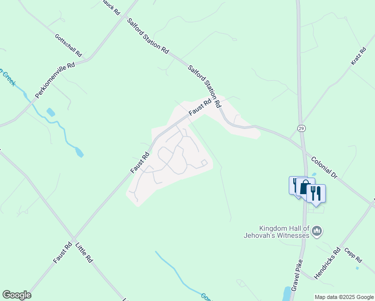 map of restaurants, bars, coffee shops, grocery stores, and more near 1232 Pin Oak Drive in Perkiomenville