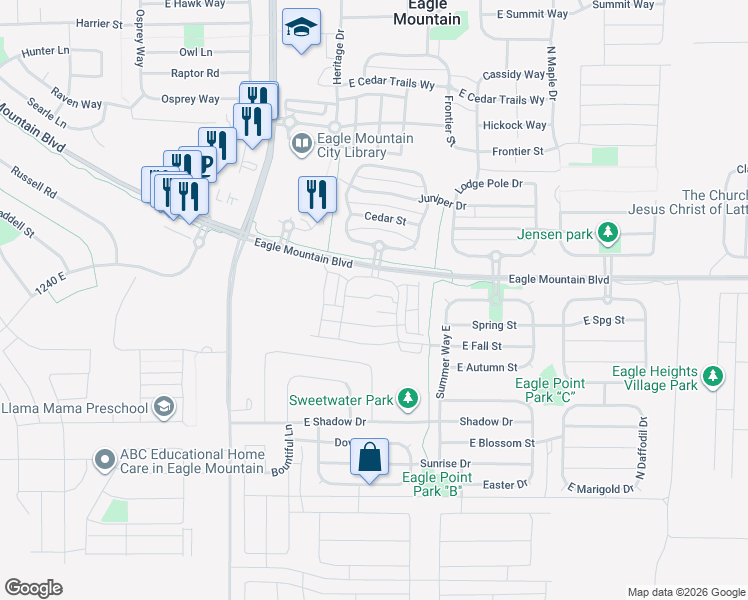 map of restaurants, bars, coffee shops, grocery stores, and more near 1792 East Skyline Drive in Eagle Mountain