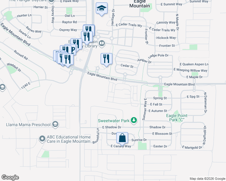 map of restaurants, bars, coffee shops, grocery stores, and more near 3952 North Wildcat Lane in Eagle Mountain