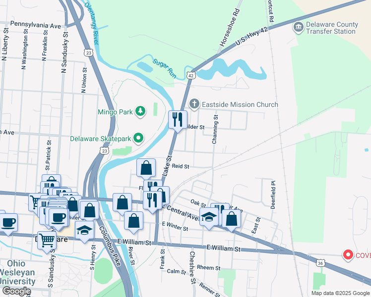 map of restaurants, bars, coffee shops, grocery stores, and more near 27 Chamberlain Street in Delaware