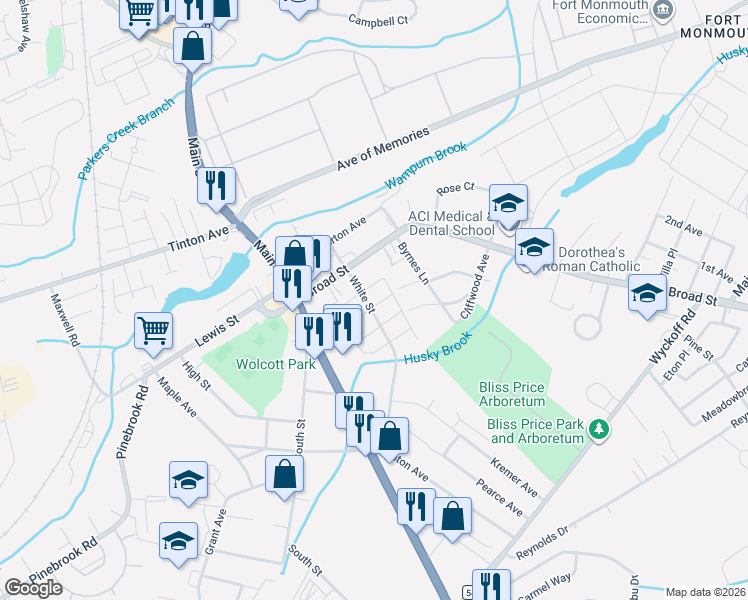 map of restaurants, bars, coffee shops, grocery stores, and more near 53 White Street in Eatontown