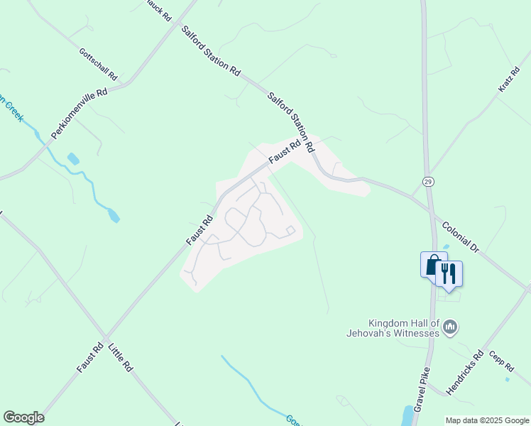 map of restaurants, bars, coffee shops, grocery stores, and more near 1232 Pin Oak Drive in Perkiomenville