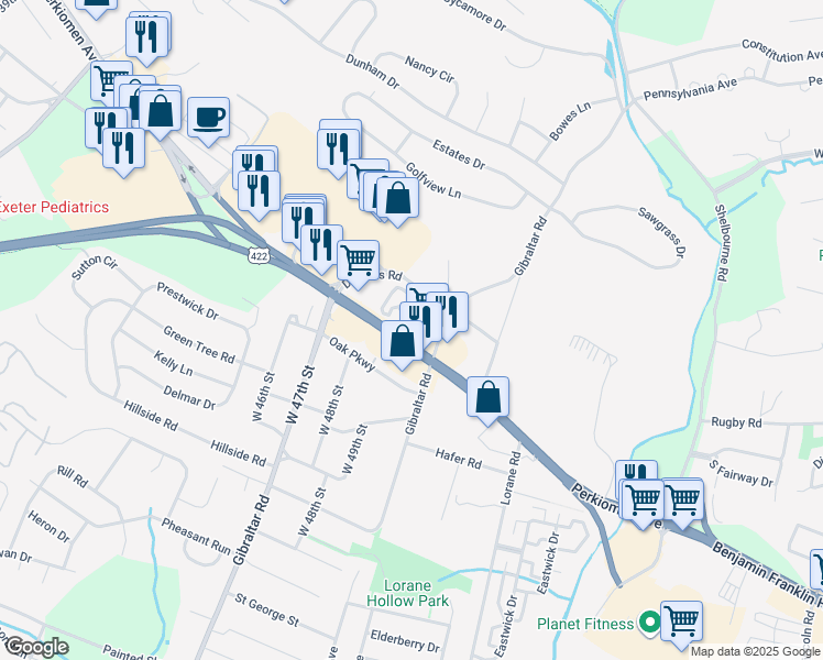 map of restaurants, bars, coffee shops, grocery stores, and more near 4841R Perkiomen Avenue in Reading
