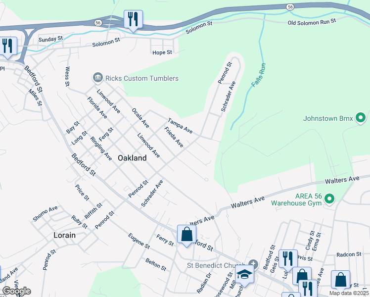 map of restaurants, bars, coffee shops, grocery stores, and more near 1799 Frieda Avenue in Johnstown