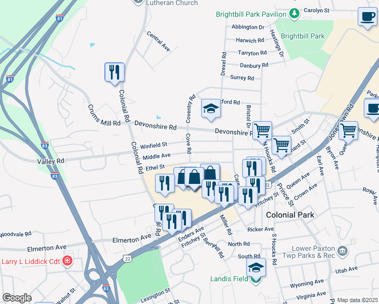 map of restaurants, bars, coffee shops, grocery stores, and more near Cove Road in Colonial Park