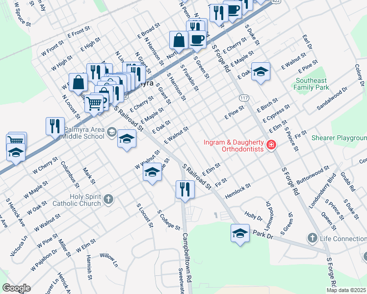 map of restaurants, bars, coffee shops, grocery stores, and more near 500 North Lincoln Street in Palmyra
