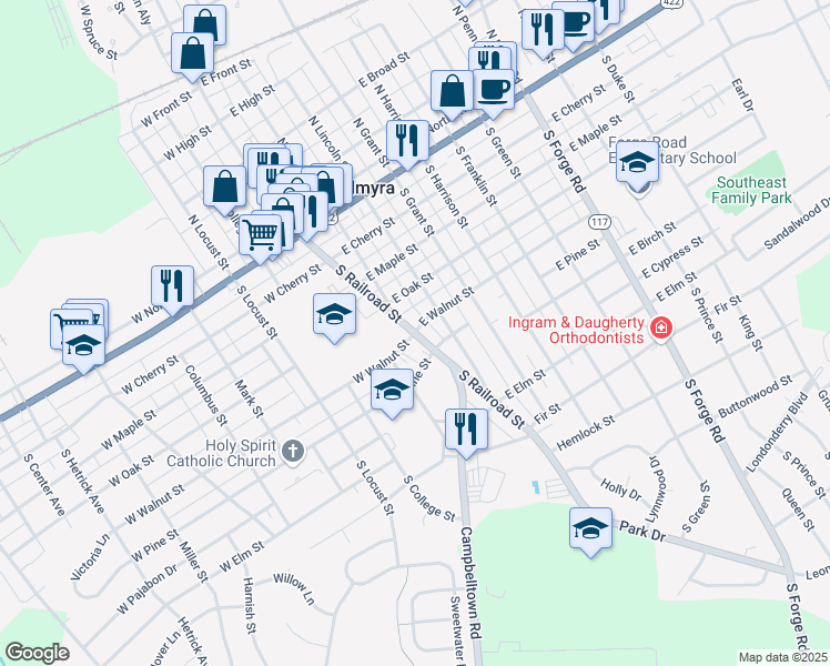 map of restaurants, bars, coffee shops, grocery stores, and more near 400 South Railroad Street in Palmyra