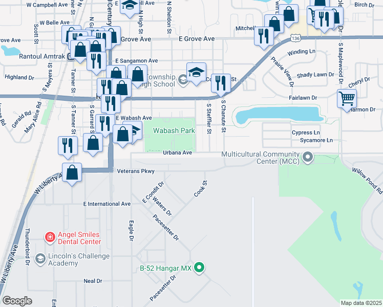 map of restaurants, bars, coffee shops, grocery stores, and more near 17 Urbana Avenue in Rantoul