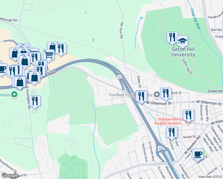 map of restaurants, bars, coffee shops, grocery stores, and more near 12 Claremont Drive in Greensburg
