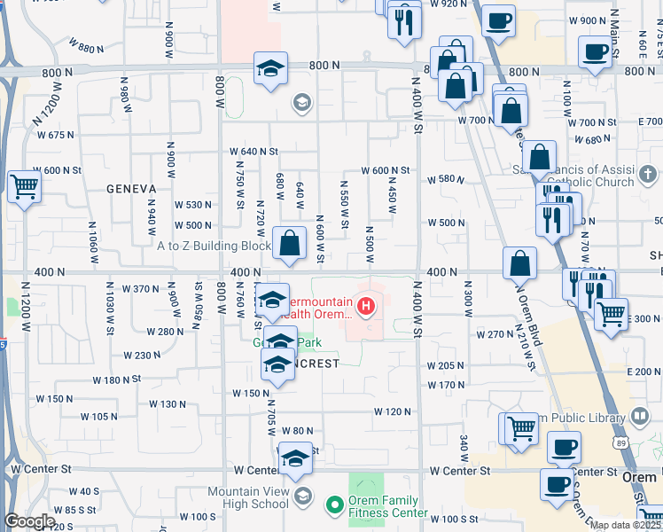 map of restaurants, bars, coffee shops, grocery stores, and more near 424 600 west in Orem