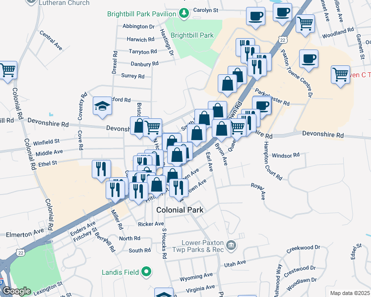 map of restaurants, bars, coffee shops, grocery stores, and more near 4811 Orchard Street in Harrisburg