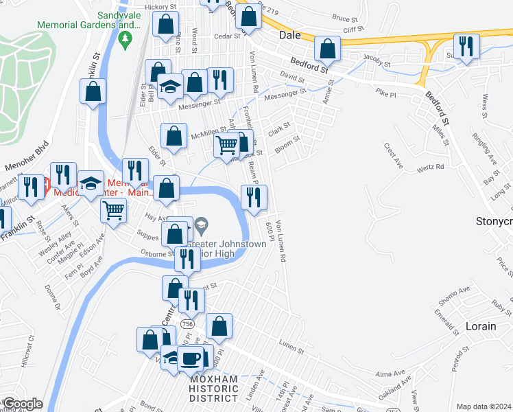 map of restaurants, bars, coffee shops, grocery stores, and more near 959-961 Ash Street in Johnstown