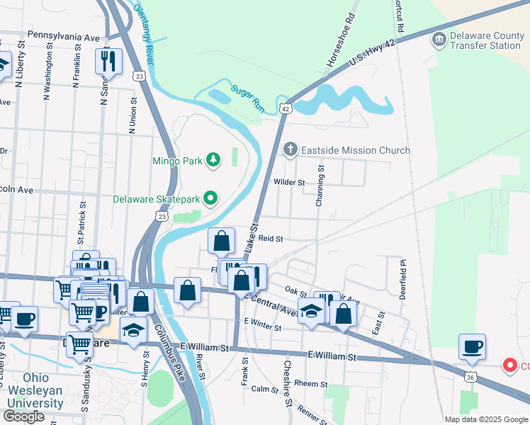 map of restaurants, bars, coffee shops, grocery stores, and more near 27 Chamberlain Street in Delaware