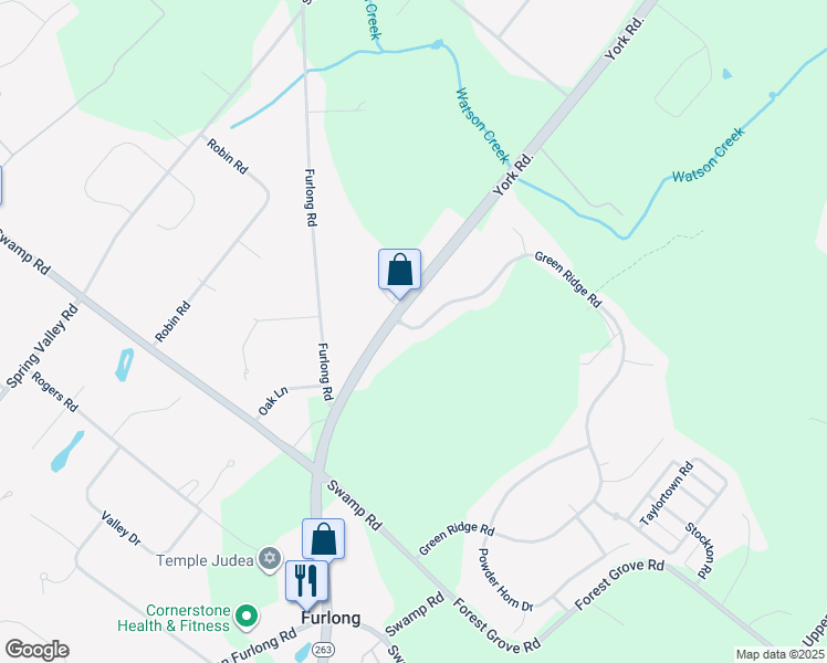 map of restaurants, bars, coffee shops, grocery stores, and more near 3856 Green Ridge Road in Furlong