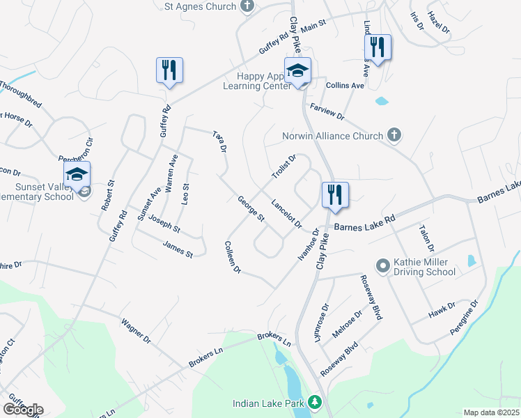 map of restaurants, bars, coffee shops, grocery stores, and more near 2230 Lancelot Drive in Irwin