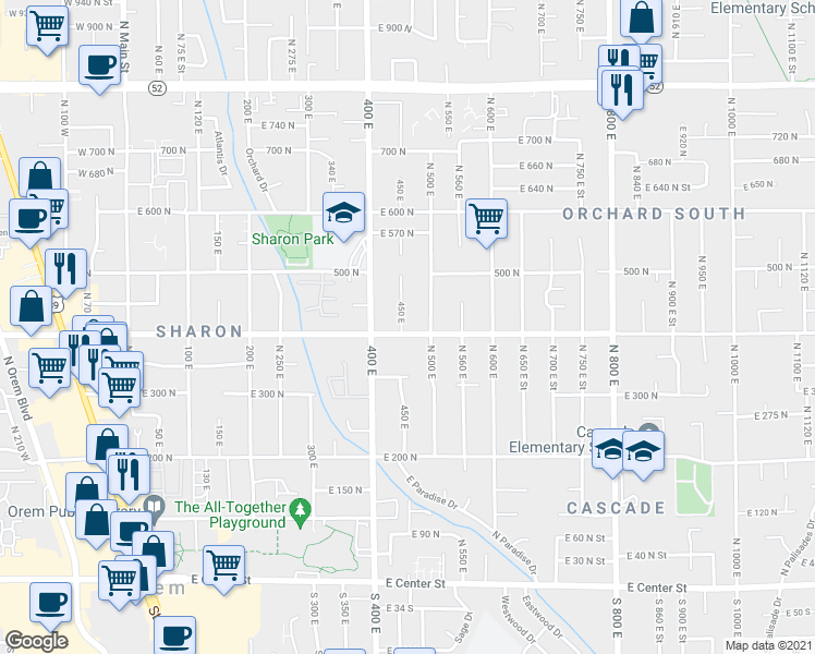 map of restaurants, bars, coffee shops, grocery stores, and more near 410 450 East in Orem
