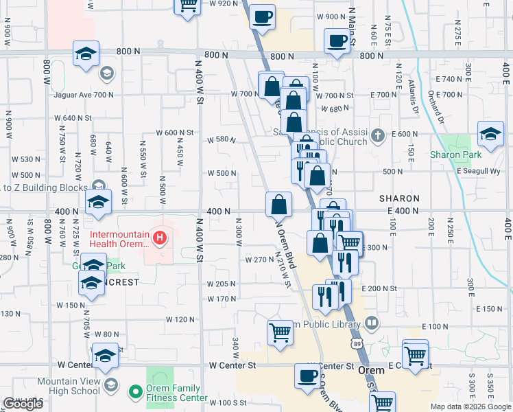 map of restaurants, bars, coffee shops, grocery stores, and more near 260 400 North in Orem