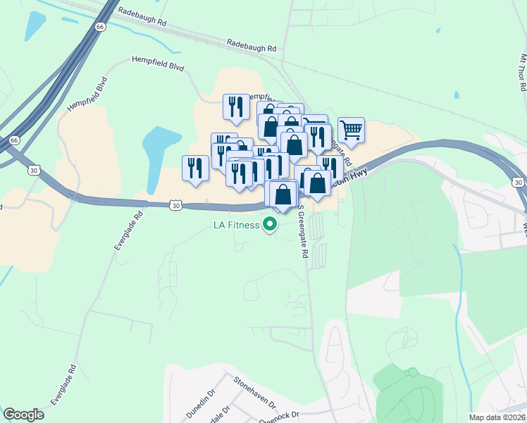 map of restaurants, bars, coffee shops, grocery stores, and more near 6078 U.S. 30 in Greensburg