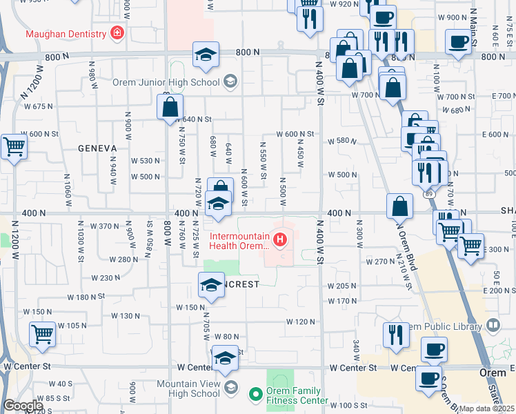 map of restaurants, bars, coffee shops, grocery stores, and more near 416 North 600 West in Orem