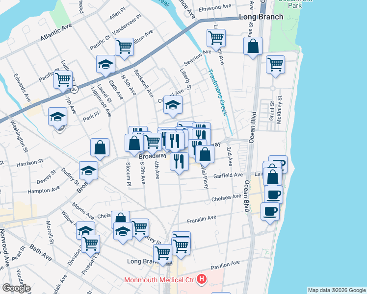 map of restaurants, bars, coffee shops, grocery stores, and more near 13 3rd Avenue in Long Branch