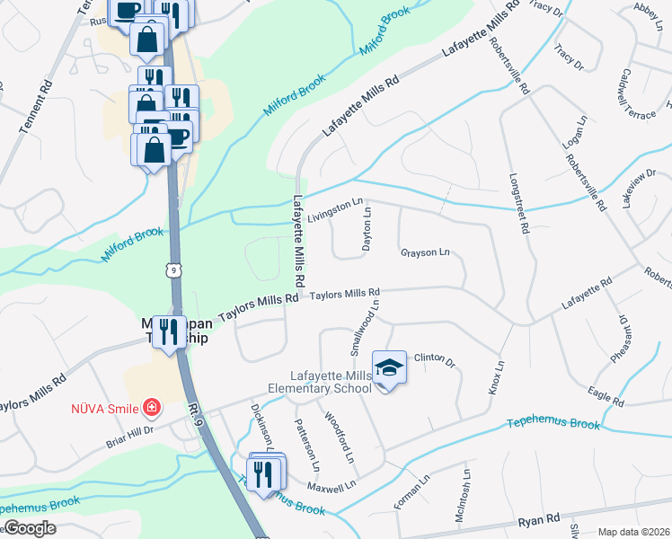map of restaurants, bars, coffee shops, grocery stores, and more near 12 Dayton Lane in Manalapan Township