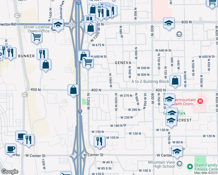 map of restaurants, bars, coffee shops, grocery stores, and more near 428 North 1080 West in Orem