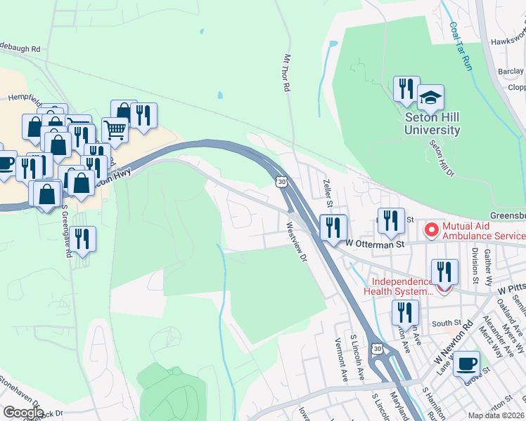 map of restaurants, bars, coffee shops, grocery stores, and more near 12 Claremont Drive in Greensburg