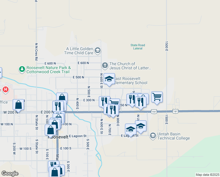 map of restaurants, bars, coffee shops, grocery stores, and more near 700 East 400 North in Roosevelt