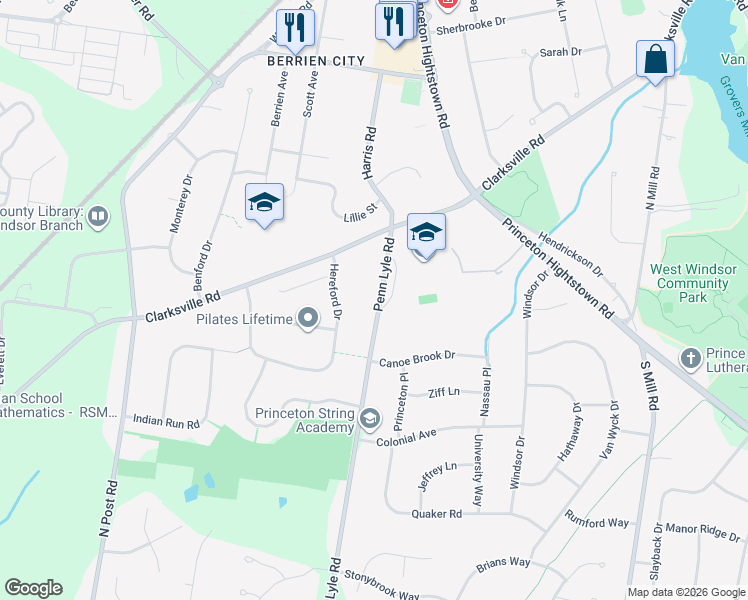 map of restaurants, bars, coffee shops, grocery stores, and more near 17 Penn Lyle Road in West Windsor Township