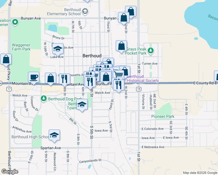 map of restaurants, bars, coffee shops, grocery stores, and more near in Berthoud