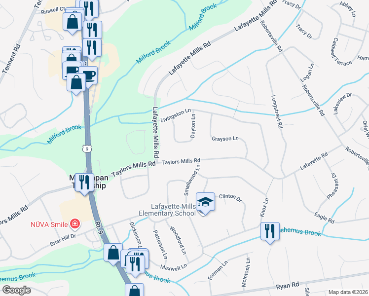map of restaurants, bars, coffee shops, grocery stores, and more near 22 Dayton Lane in Manalapan Township
