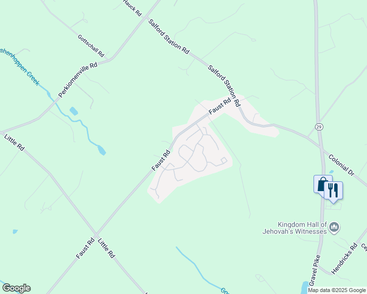 map of restaurants, bars, coffee shops, grocery stores, and more near 3458 Foxfield Circle in Perkiomenville