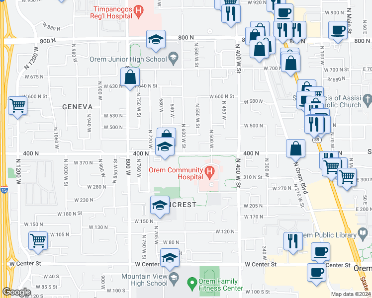 map of restaurants, bars, coffee shops, grocery stores, and more near 418 North 600 West in Orem