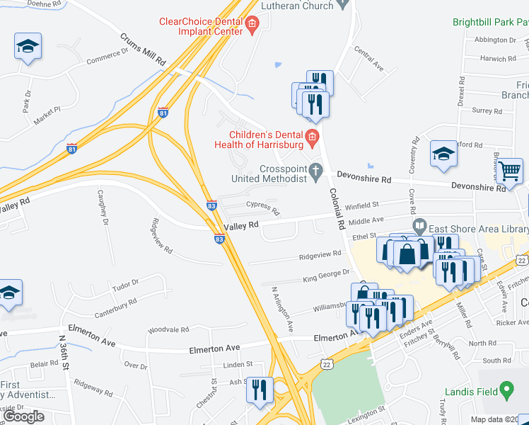 map of restaurants, bars, coffee shops, grocery stores, and more near 4001 Beechwood Lane in Harrisburg