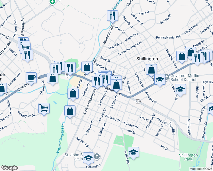 map of restaurants, bars, coffee shops, grocery stores, and more near 201 West Lancaster Avenue in Shillington