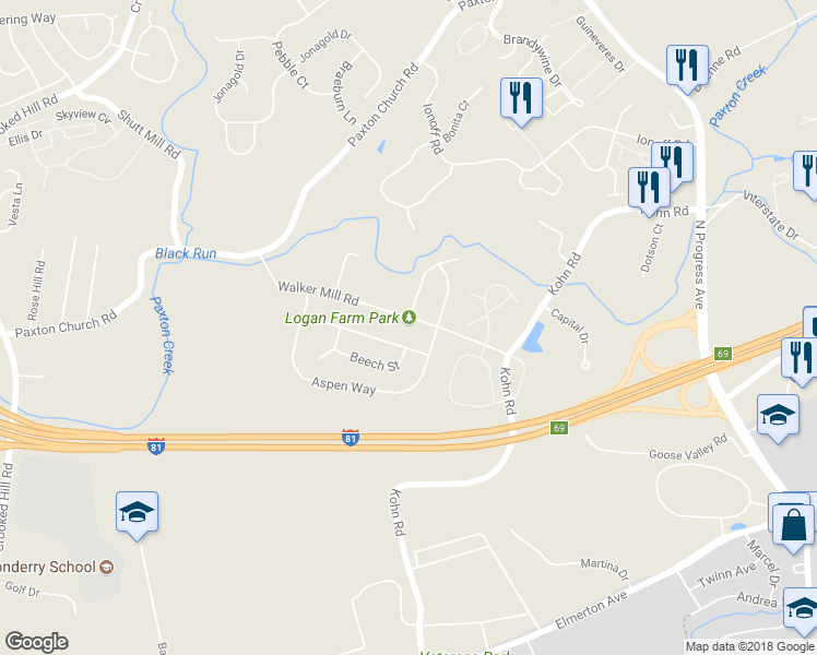 map of restaurants, bars, coffee shops, grocery stores, and more near 2341 Walker Mill Rd in Harrisburg
